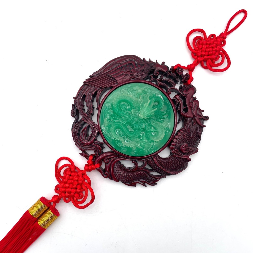Vintage Dragon Phoenix Wall Hanging Red Tassel Faux Jade Good Carved Decor